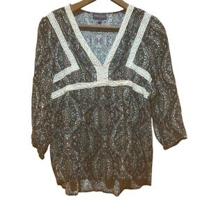 Artesia Blouse Womens Small Multicolor Floral Crochet‎ Trim Boho Western Prairie